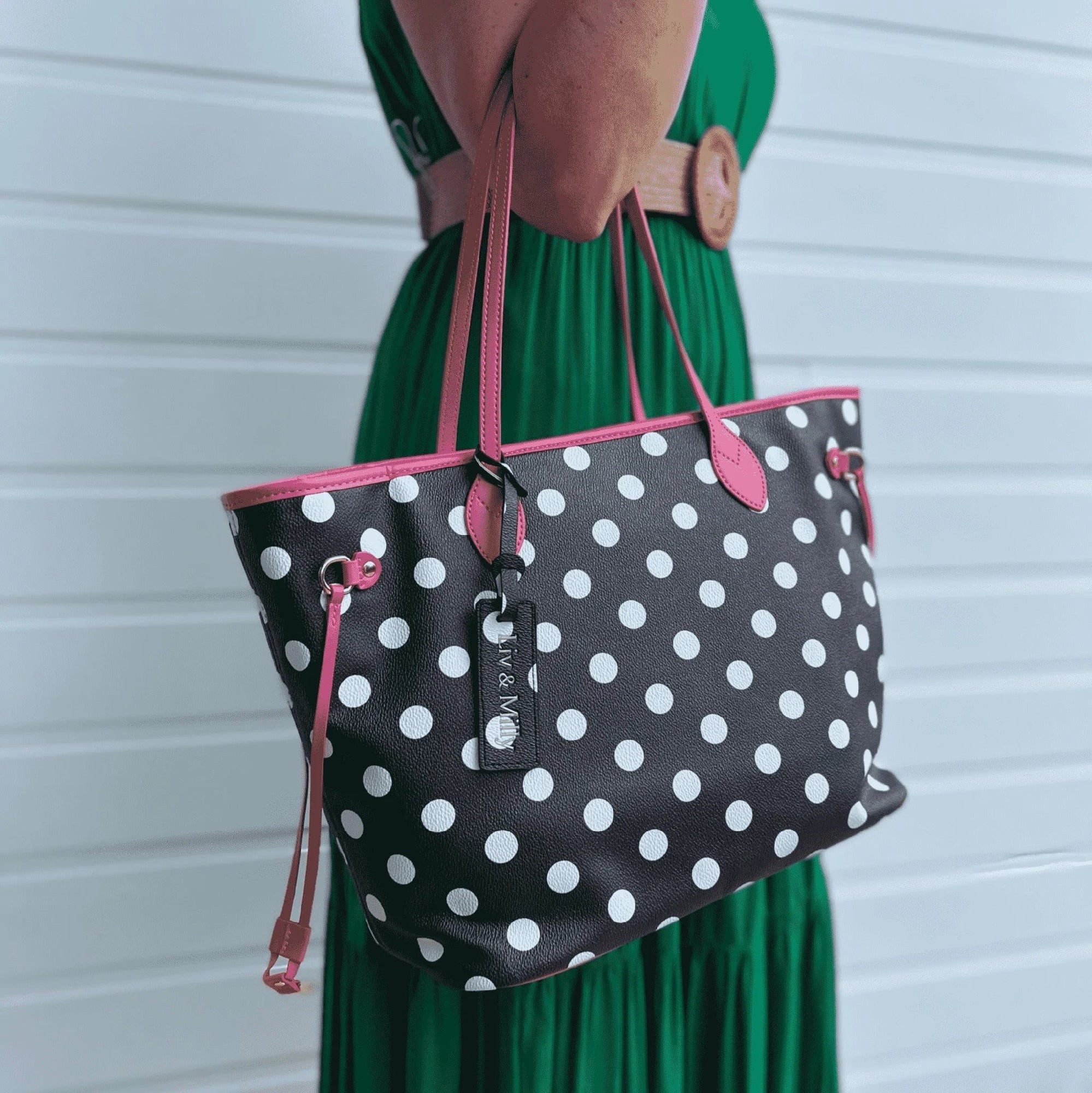 Celeste Tote Black & White Spot With Pink Trim