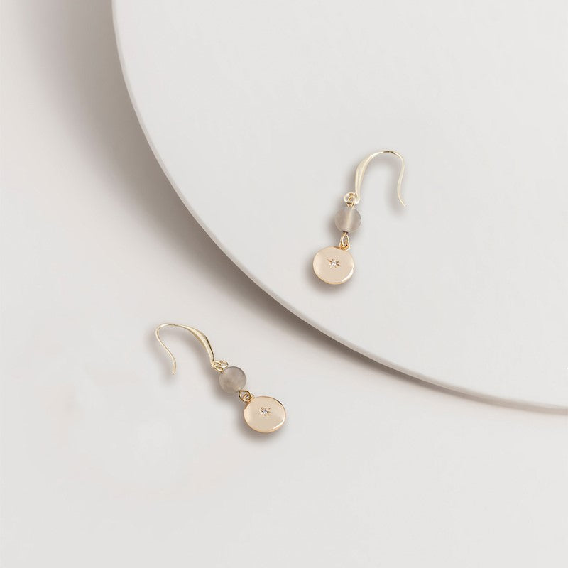 Disk & Bead Drop Hook Earrings Grey