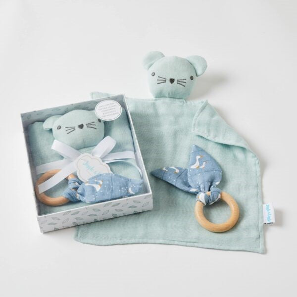 Misty Blue Double Musin Comforter & Wooden Teething Ring