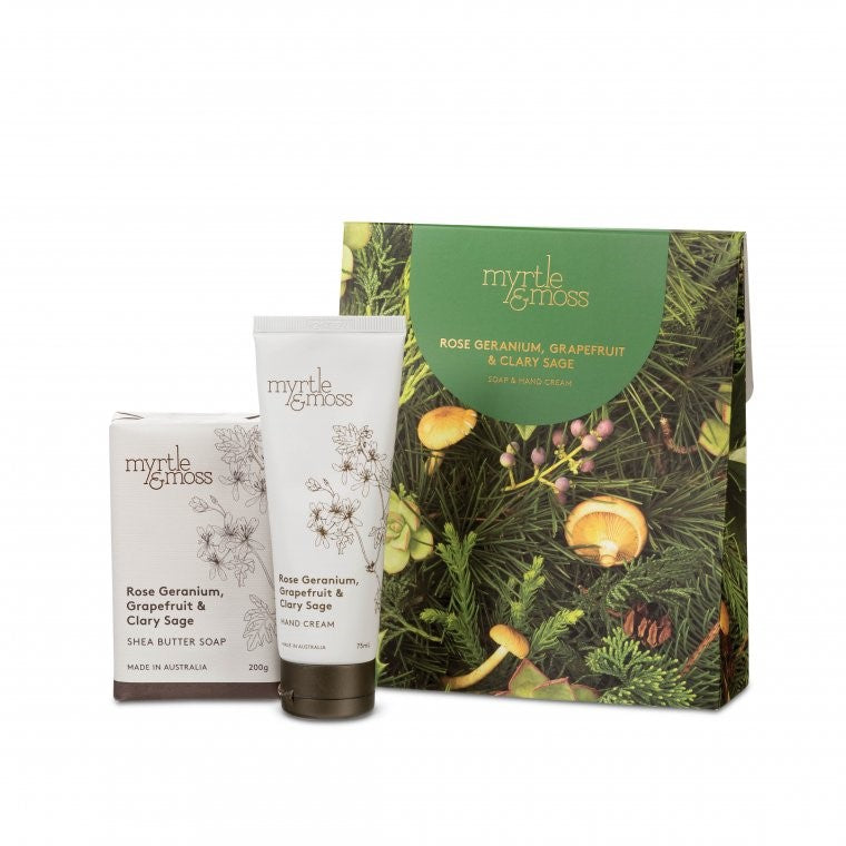 Myrtle & Moss Soap & Hand Cream Gift Pack- Rose Geranium, Grapefruit & Clary Sage