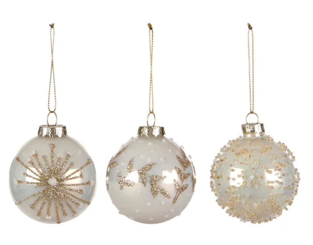 Glass Bauble8cm Pearl White/Gold 3 asst