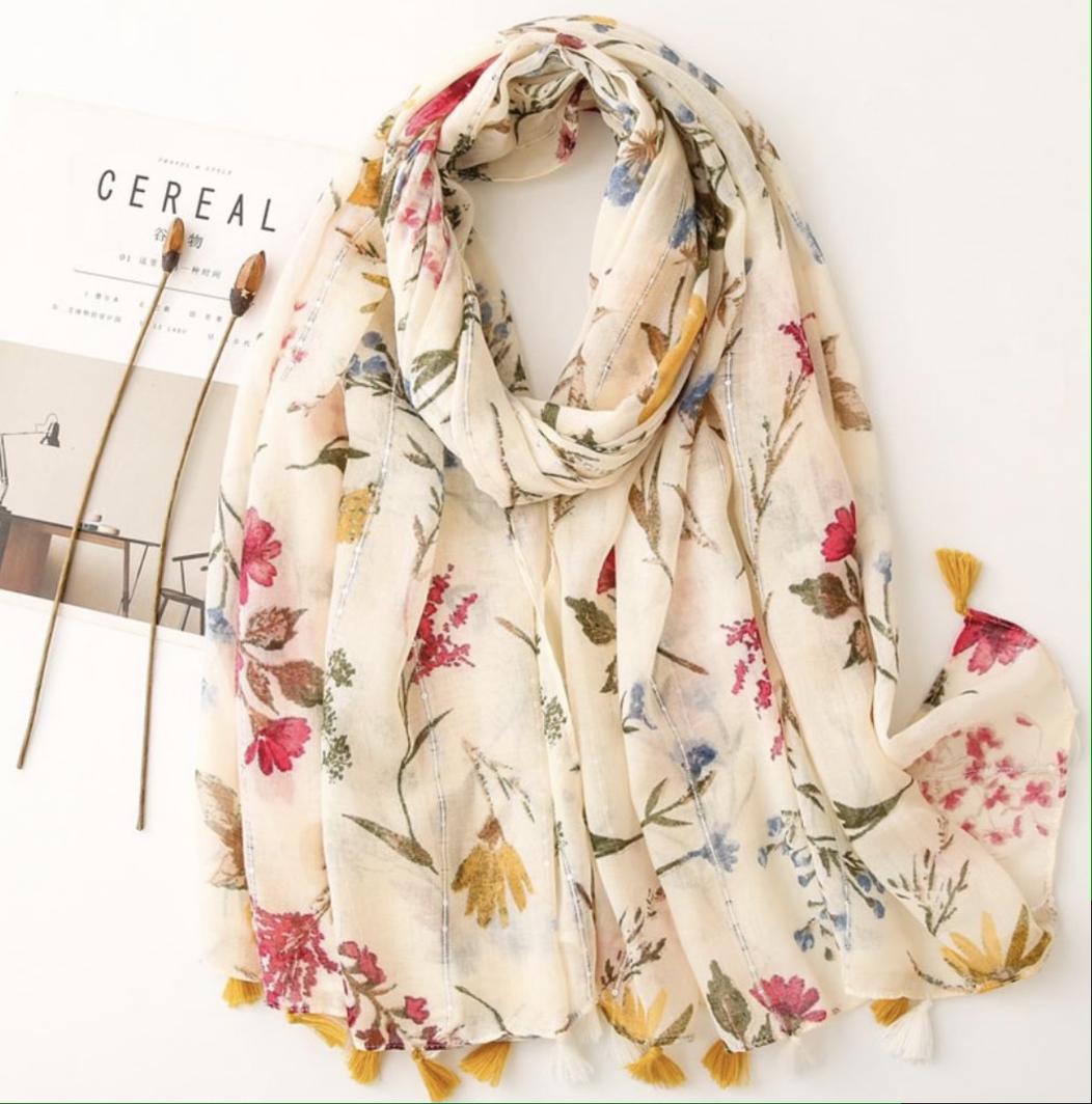 Cream Flowered Scarf With Mustard