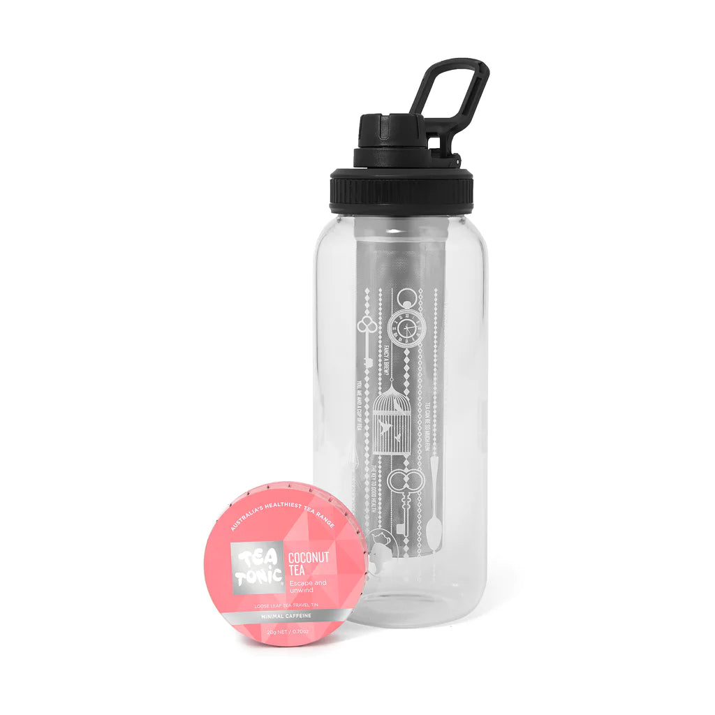 Tea Tonic - Glass Tea Bottle 1Ltr - Including a bonus Loose Leaf Travel Tin