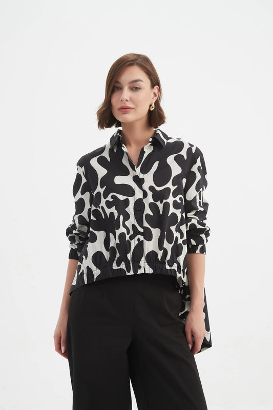 Elastic Front Hem Print Shirt - Black And Cream [siz:large]