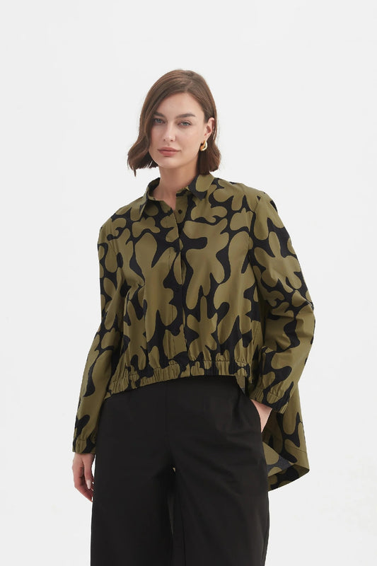 Elestic Front Hem Print Shirt - Moss And Black [siz:xlarge]