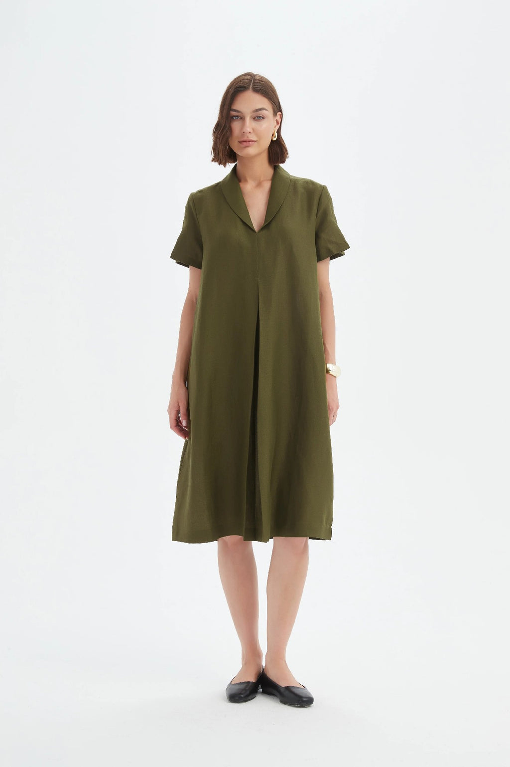 Shawl Collar Pleat Dress Moss [siz:small]