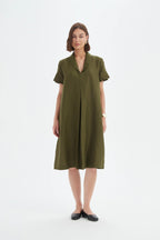 Shawl Collar Pleat Dress Moss [siz:med]