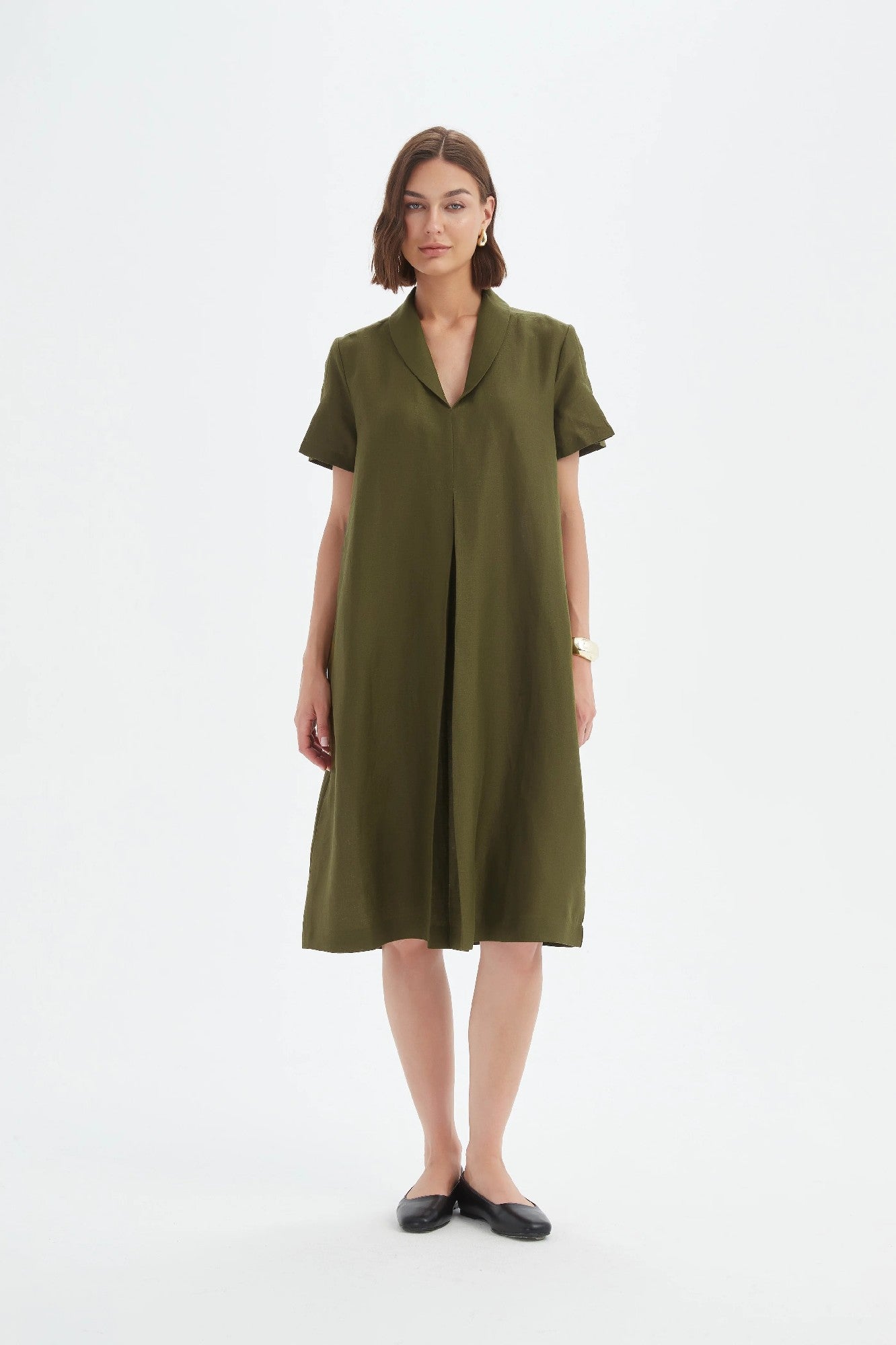 Shawl Collar Pleat Dress Moss [siz:med]