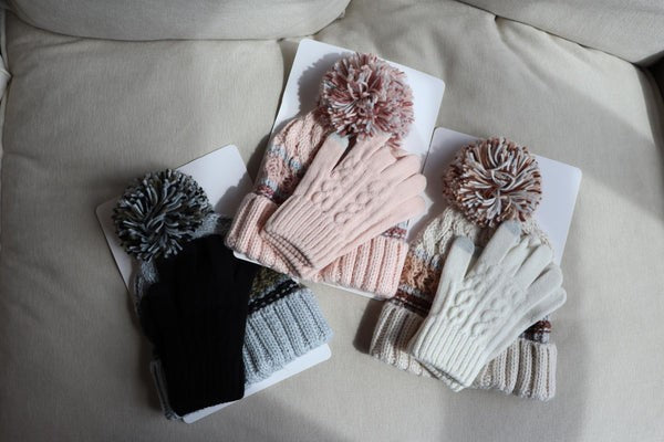 Glove Beanie Pompom Knit Set - Grey