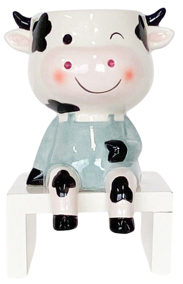 Sitting Cow Planter White And Sage 14cm 
