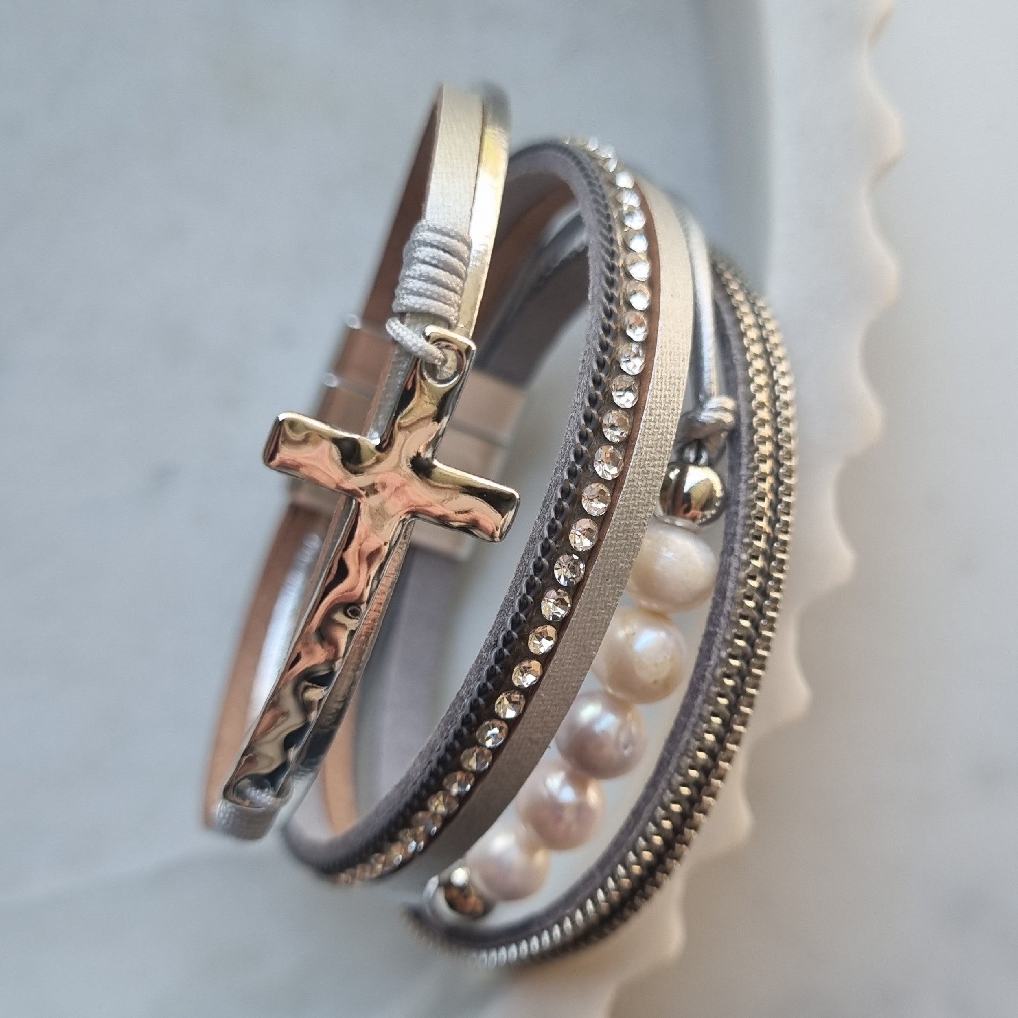 Pearl & Cross Wrap Bracelet - Silver