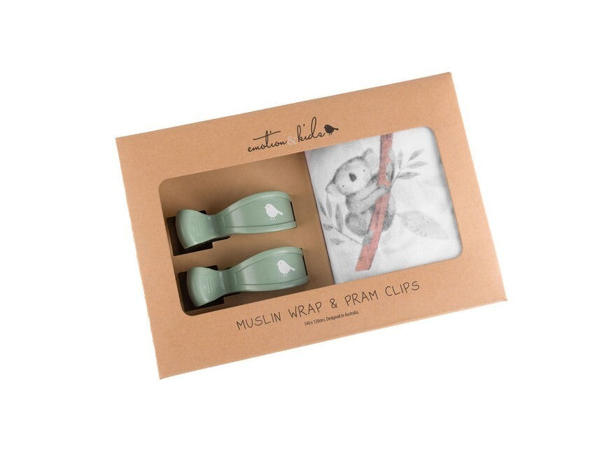 Koala Muslin Wrap & Sage Pram Clips Set 