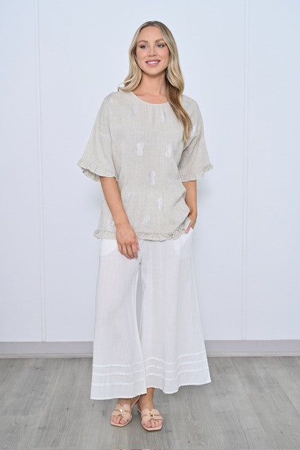 Pineapple Frill Linen Top- Beige [siz:large To Xl]
