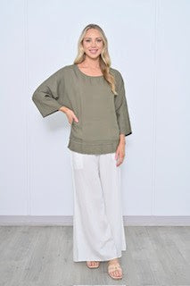 Fringe Hem Linen Top- Khaki [siz:large To Xl]
