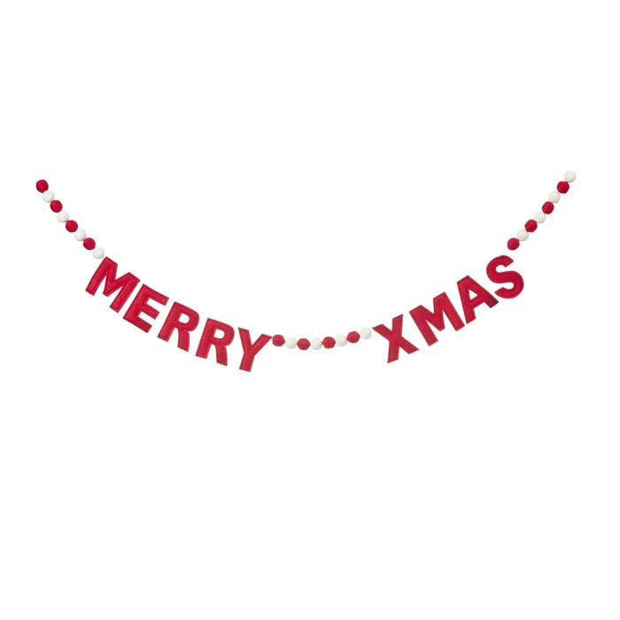 Merry Xmas Pompom Garland Felt 183cm Red 