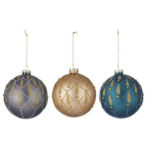 10cm Glass Bauble Embe Mat Gold/ Grey/ Blue 