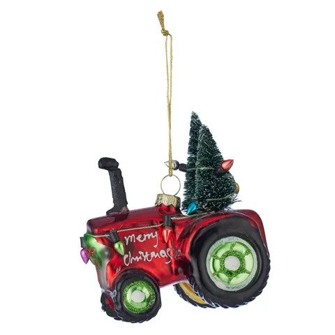 Tractor With Tree Haning Glass 8cm Shiny Red 