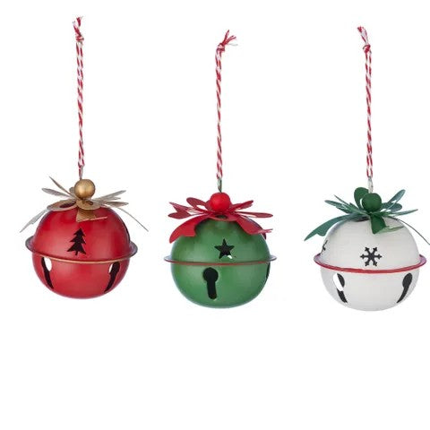 Bell Hang With Holly Metal 7cm Red White Green 3 Assorted 