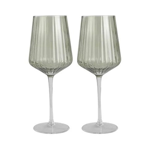 Wines Glass Ribbed 7x25cm Green Set Of 2 