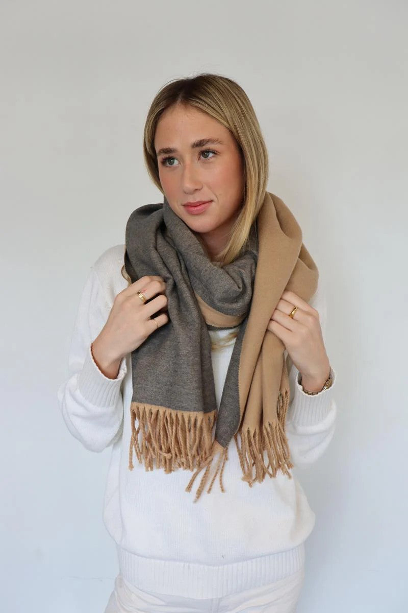Scarf Two Tone Fringe Camel & Grey 