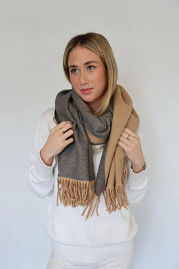 Scarf Two Tone Fringe Camel & Grey 