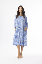 Aksharav Blue Dress Pinch Pleat Frill Sleeve [siz:small]