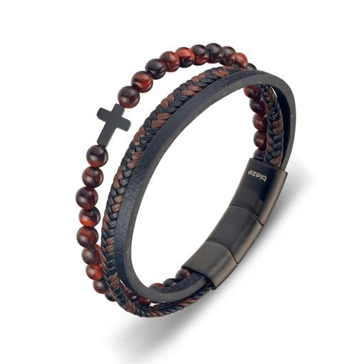Blaze Mens Bead And Multi Strap Leather Bandle [des:red Tiger Eye]