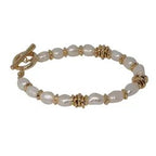 Fresh Water Pearl & Metal Disc Fob Bracelet [col:gold]