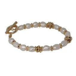 Fresh Water Pearl & Metal Disc Fob Bracelet [col:gold]