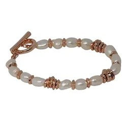 Fresh Water Pearl & Metal Disc Fob Bracelet [col:rose Gold]