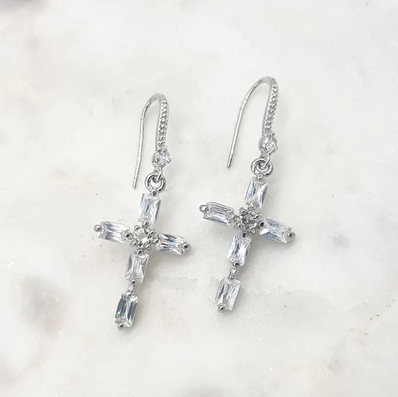 Cz Cross Earrings Rhodium