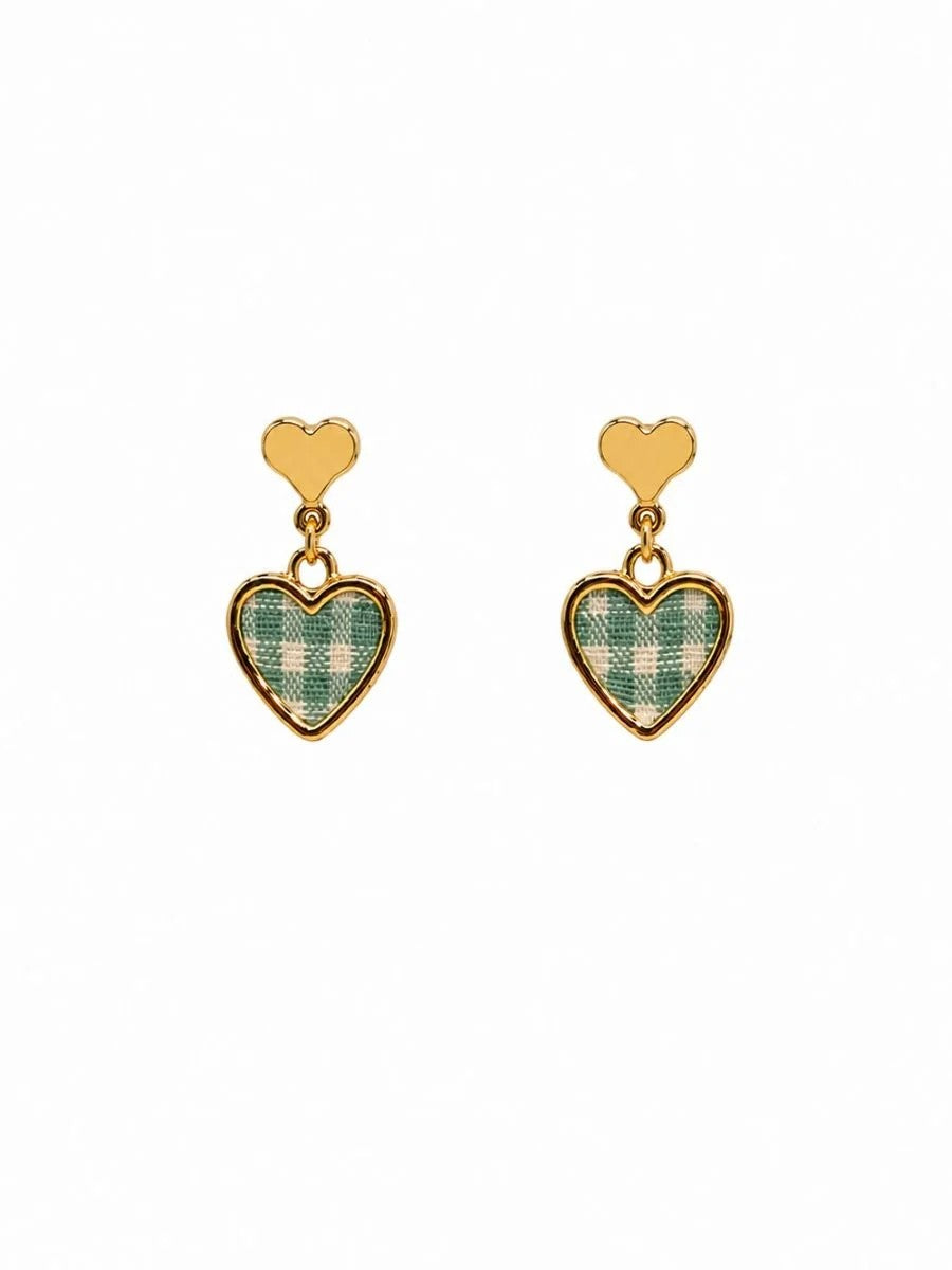 Earrings Green Gingham Hanging Hearts [col:green]