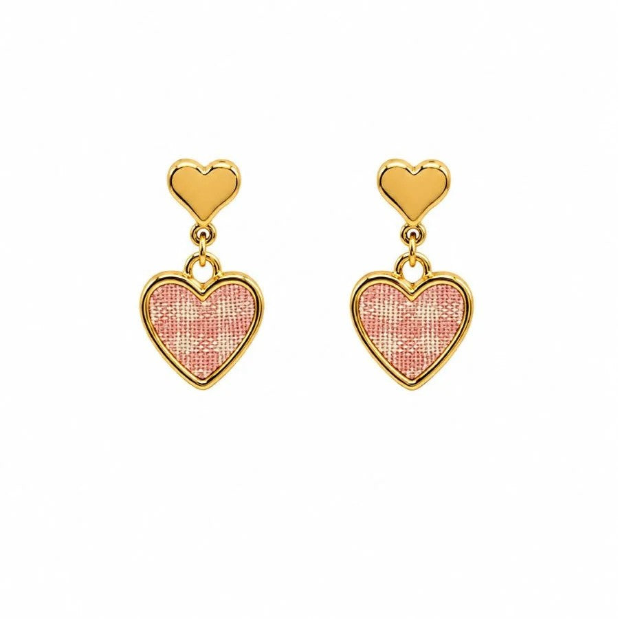 Earrings Green Gingham Hanging Hearts [col:pink]