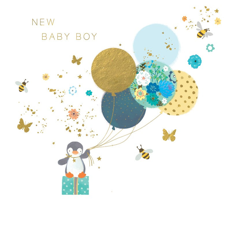 Card - New Baby Boy Penguin Balloons
