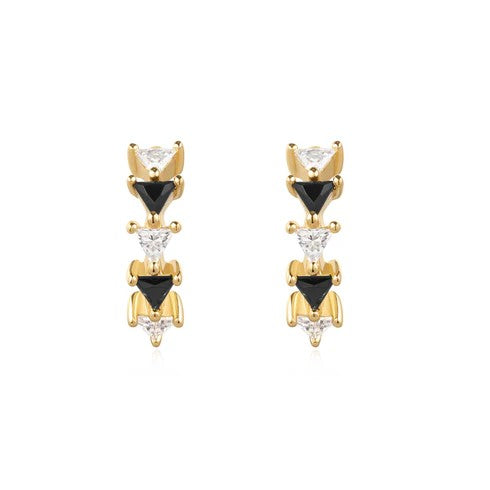 Gold Black/white Triangle Cubic Zirconia Huggies Earrings 