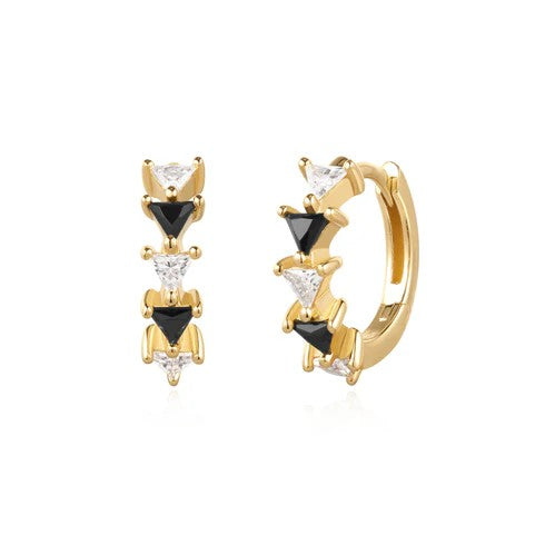 Gold Black/white Triangle Cubic Zirconia Huggies Earrings 