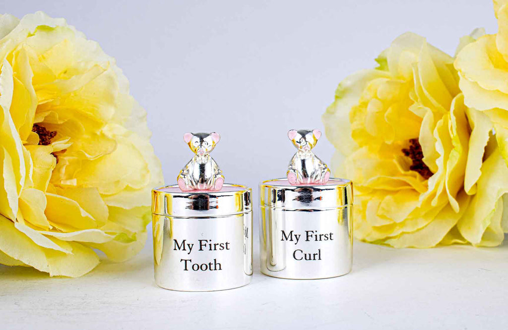 Teddy Silver Plate My First Tooth & Curl Box S/2 - Pink