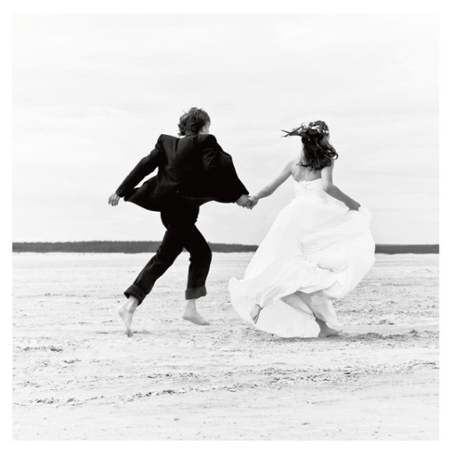 Card - Newlywed Couple Running Away On Beach