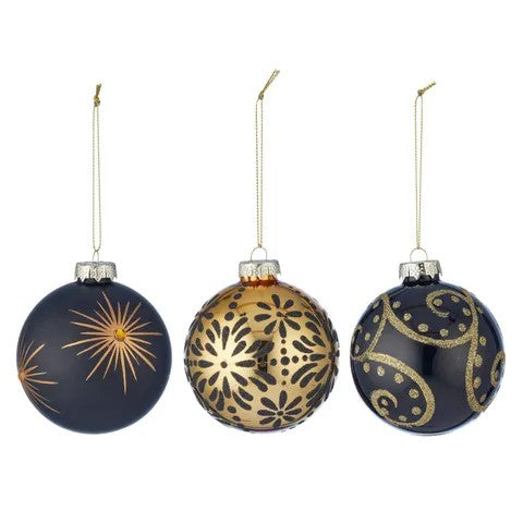 8cm Glass Bauble Glitter Black / Gold 3 Assorted 