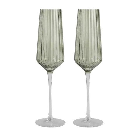 Flute Glass Ribbed 4x26cm Green Set Of 2 