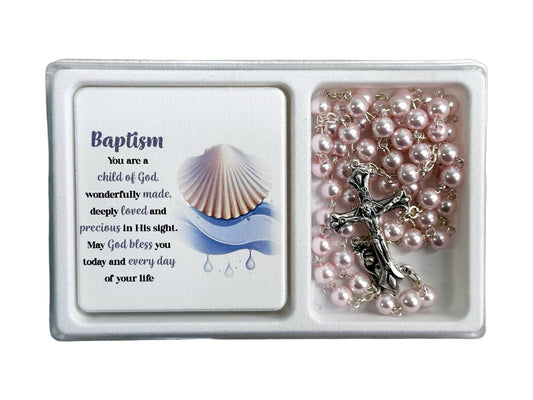 Baptism Pink Rosary & Plaque 