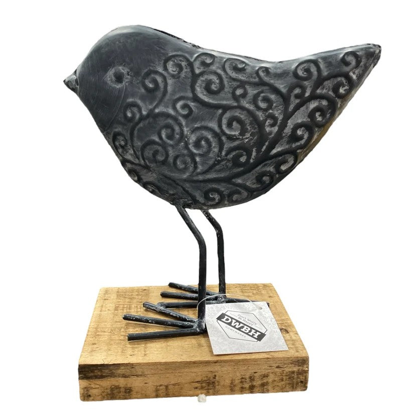 Metal Bird On Wood Base - Black 