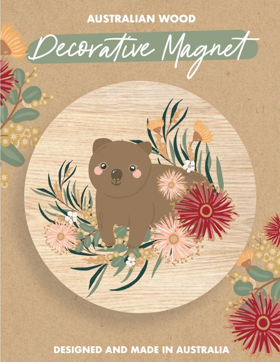 Single Wood Magnet - Wombat And Flowers