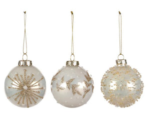 Glass Bauble8cm Pearl White/Gold 3 asst